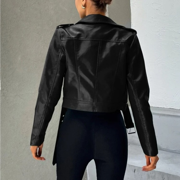 Black Zip Up Belted PU faux Leather Moto Jacket - Picture 2 of 5